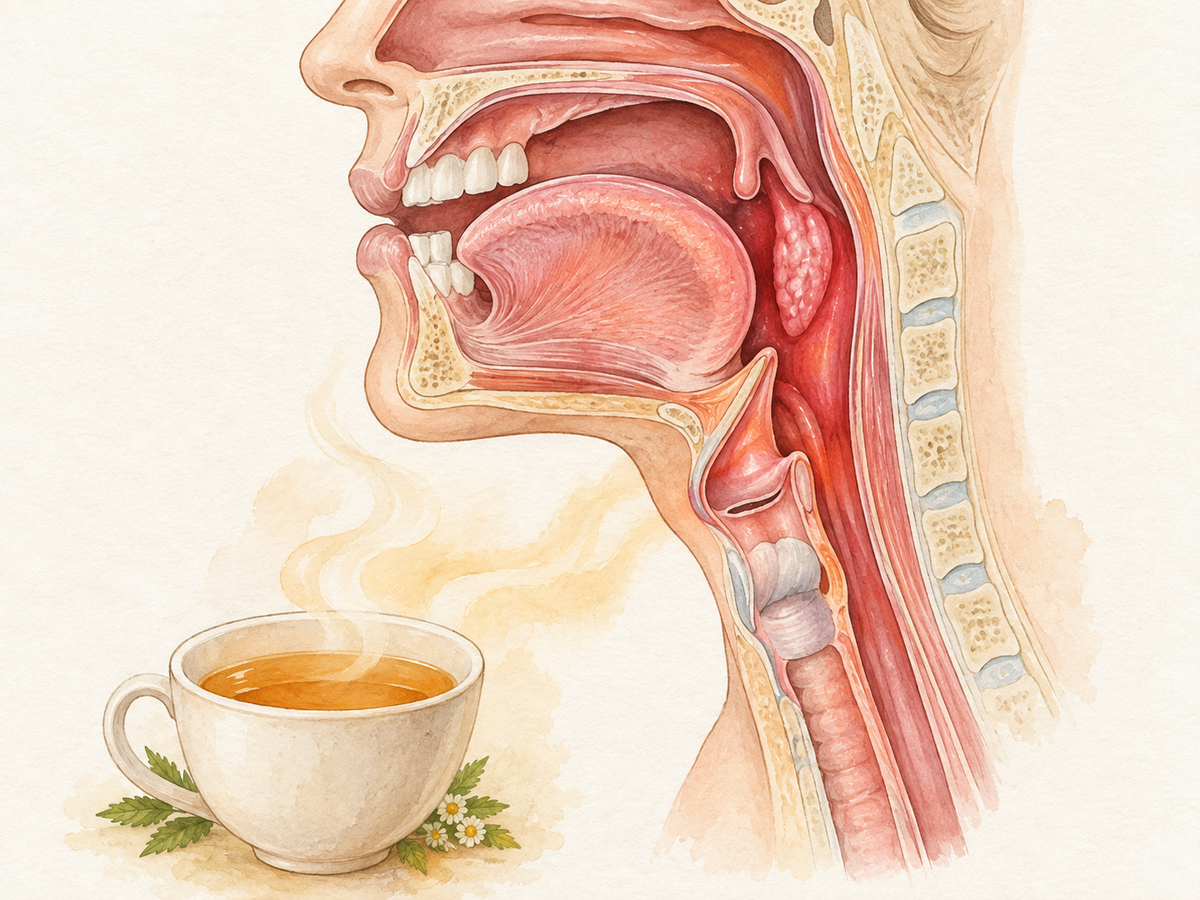 Cross-section of the head and neck showing the mouth, tongue, and throat, with the pharynx gently reddened to suggest soreness, beside a steaming cup of warm tea that illustrates how warm drinks soothe an irritated throat.