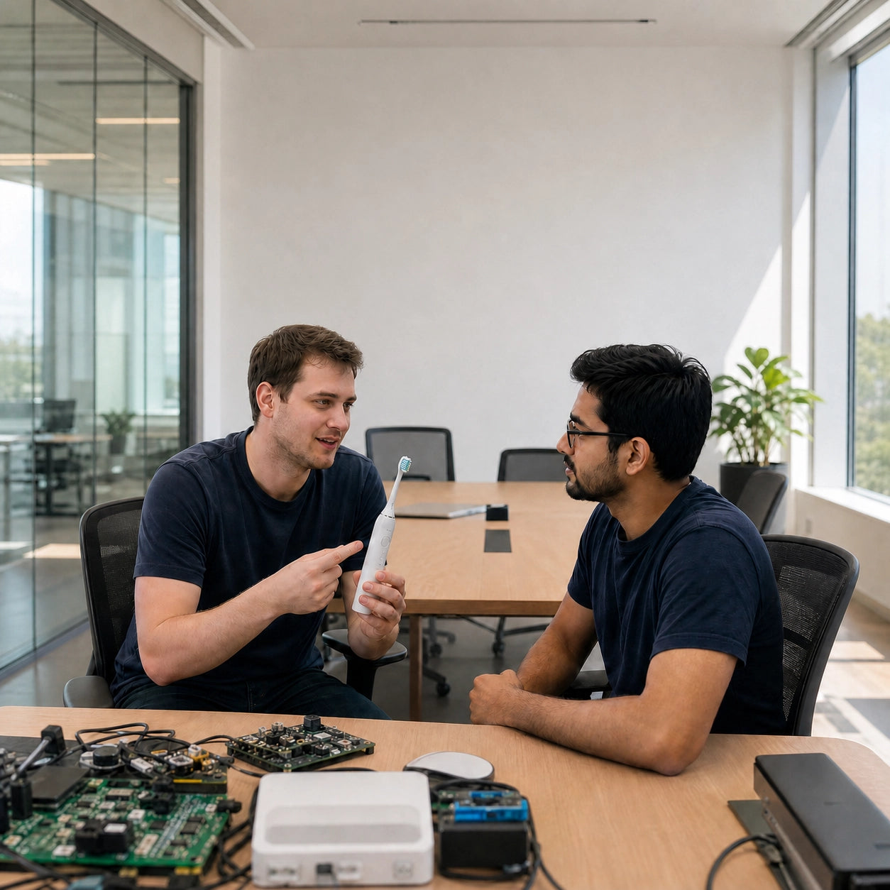 Two engineers are discussing about electric toothbrush issues
