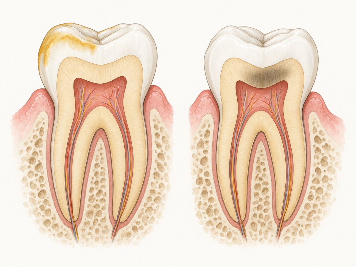 Cross-section comparison of two teeth: one with yellow-brown surface stain limited to the enamel, the other with gray-brown intrinsic stain inside the dentin, showing why extrinsic and intrinsic tooth discoloration need different treatments.
