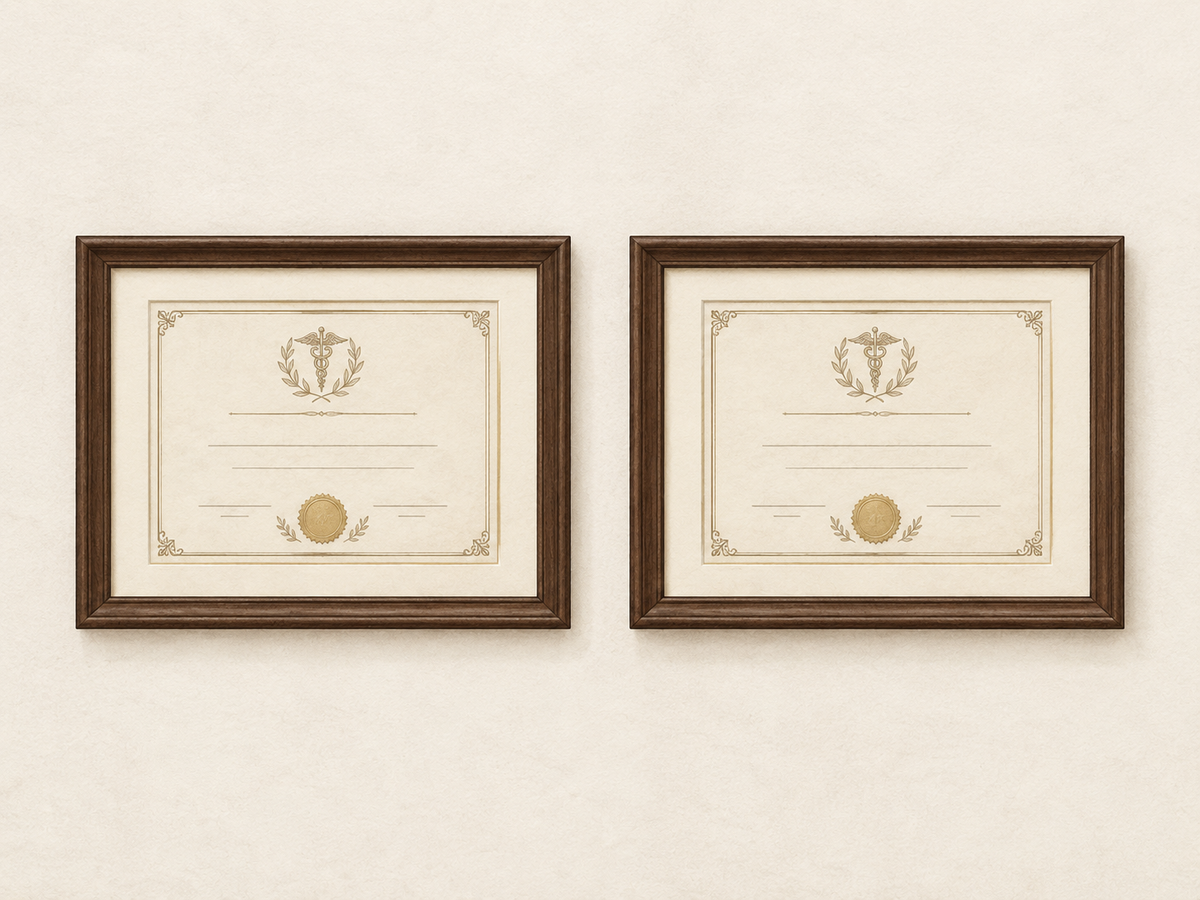 Two identical framed dental degrees hang side by side at the same height with matching seals and frames, emphasizing that DDS and DMD are equivalent dentist credentials.