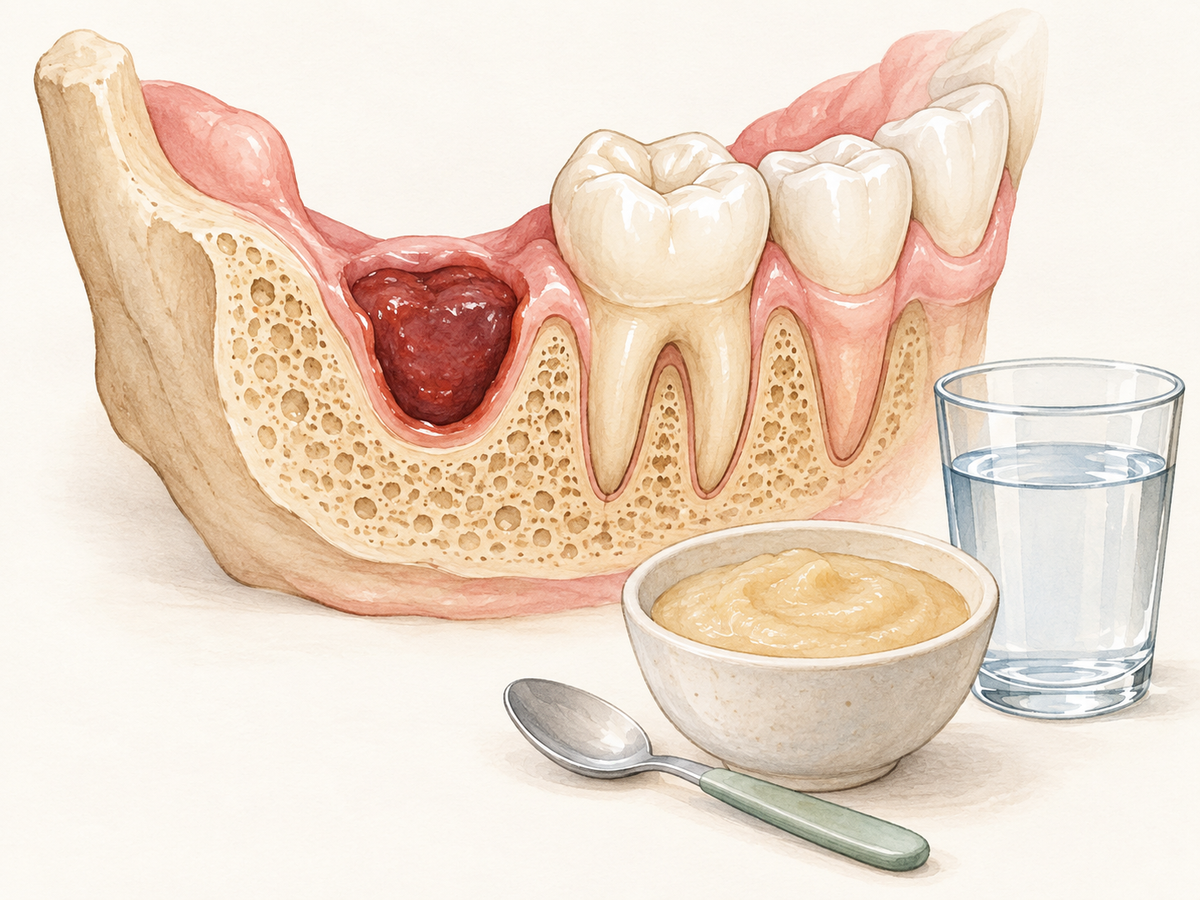 A cross-section of a lower jaw after wisdom tooth removal shows the protective blood clot in the extraction socket, with healthy gums, adjacent molars, and a bowl of smooth puree and water nearby, representing recommended soft foods during healing.