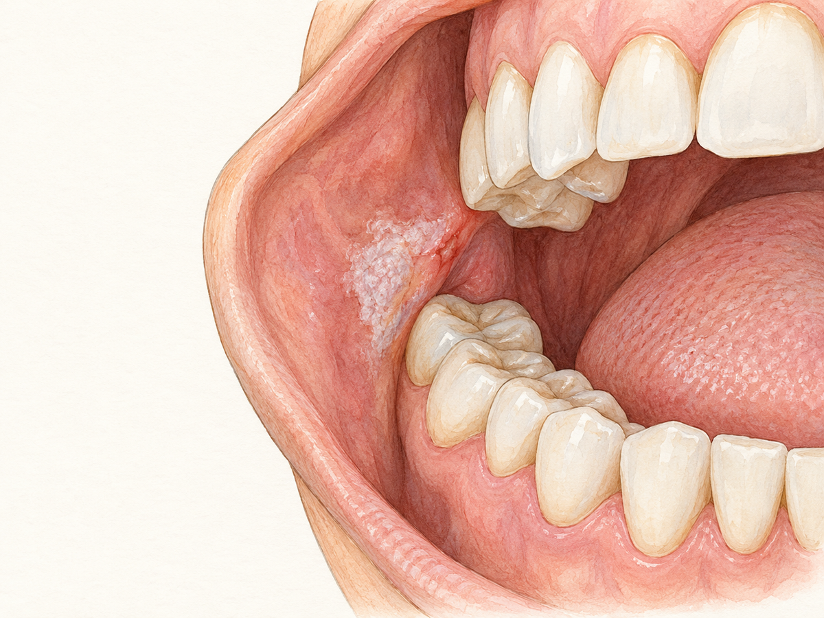 A side cross-section of the mouth shows upper and lower teeth meeting against the inner cheek, with a rough white patch and small sore along the bite line, illustrating how repeated cheek biting irritates oral tissue.
